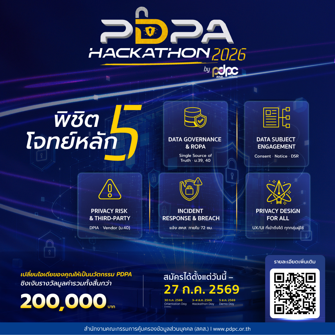 สคส. เปิดเวที PDPA Hackathon 2026 ท้าคนรุ่นใหม่ปั้นนวัตกรรมคุ้มครองข้อมูลส่วนบุคคล สมัครได้แล้ววันนี้ถึง 27 กรกฎาคม 2569